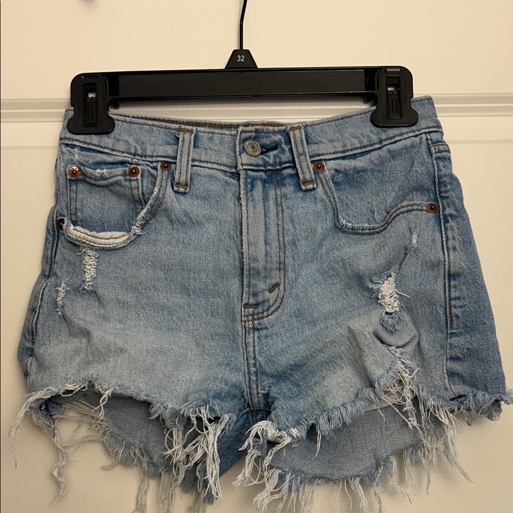Abercrombie & Fitch Light Blue Frayed Mom Short Mid Rise Jean Shorts